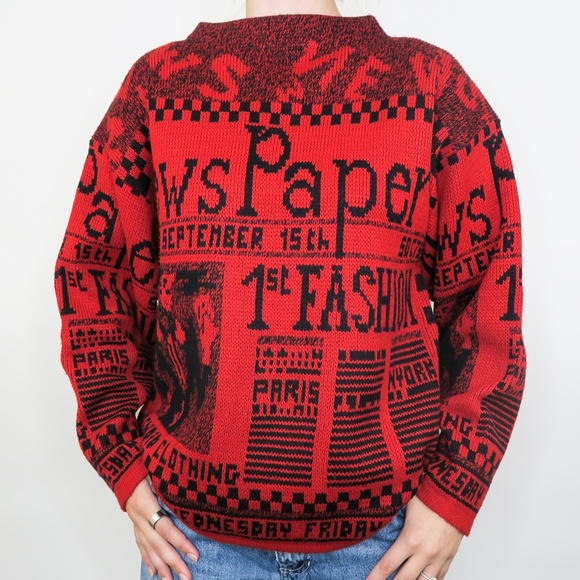 Vintage 80s Via l.A. Newspaper AOP Red Sweater - Picture 3 of 9